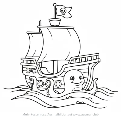Freundliches Seeungeheuer mit Piratenschiff Ausmalbild