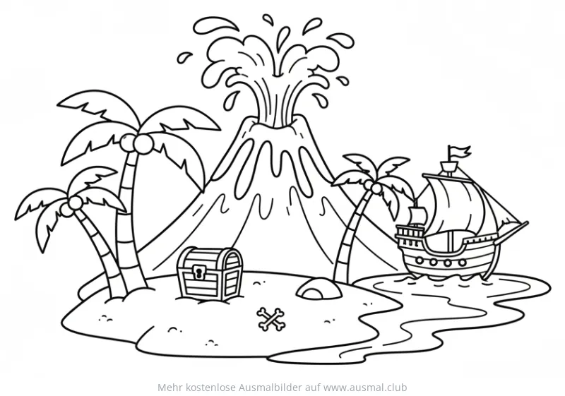 Vulkaninsel mit Piratenschiff und Schatzkiste Ausmalbild