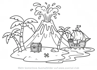 Vulkaninsel mit Piratenschiff und Schatzkiste Ausmalbild