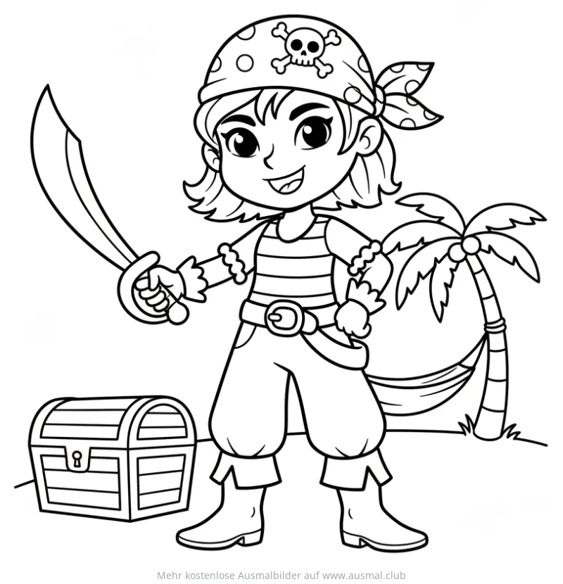 Piratenmädchen mit Schwert und Schatztruhe Ausmalbild