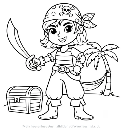 Piratenmädchen mit Schwert und Schatztruhe Ausmalbild