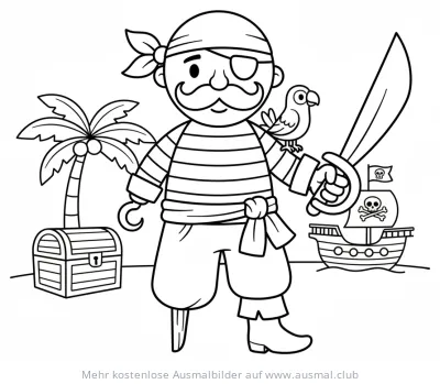 Pirat mit Holzbein, Papagei, Schwert und Schatzkiste Ausmalbild