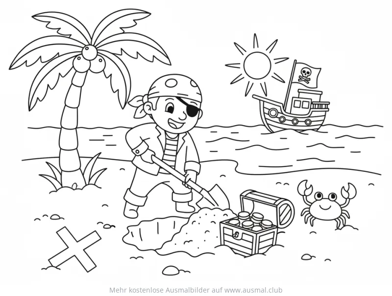 Piraten Schatzsuche am Strand Ausmalbild