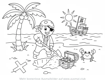 Piraten Schatzsuche am Strand Ausmalbild