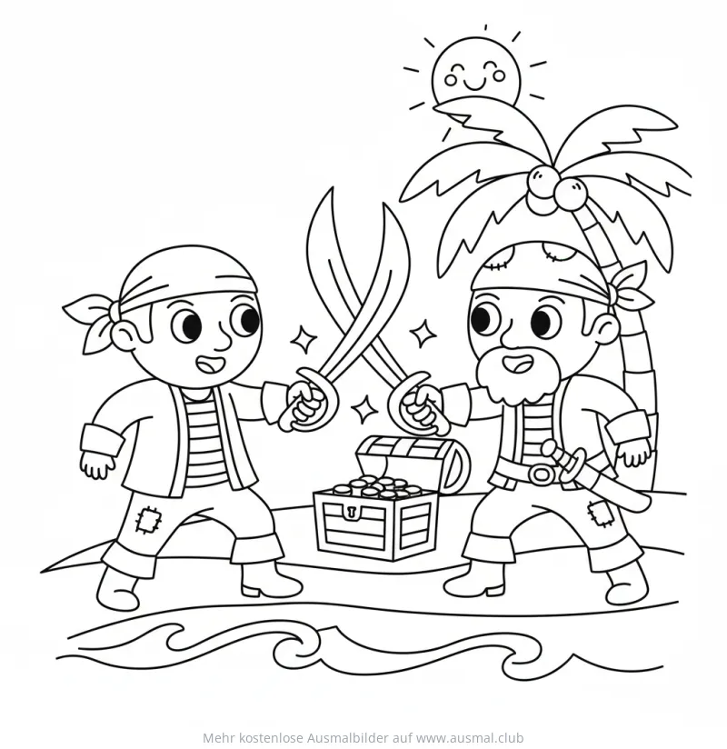 Zwei Piraten kämpfen mit Säbeln vor einer Schatztruhe Ausmalbild