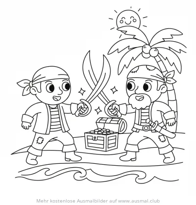 Zwei Piraten kämpfen mit Säbeln vor einer Schatztruhe Ausmalbild