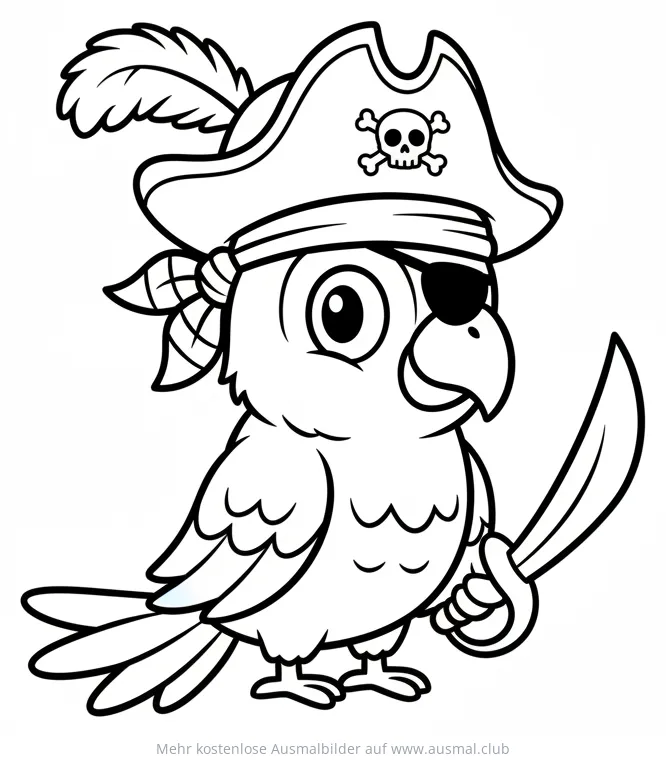 Papagei als Pirat mit Augenklappe und Säbel Ausmalbild