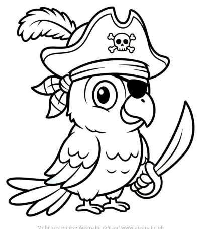 Papagei als Pirat mit Augenklappe und Säbel Ausmalbild