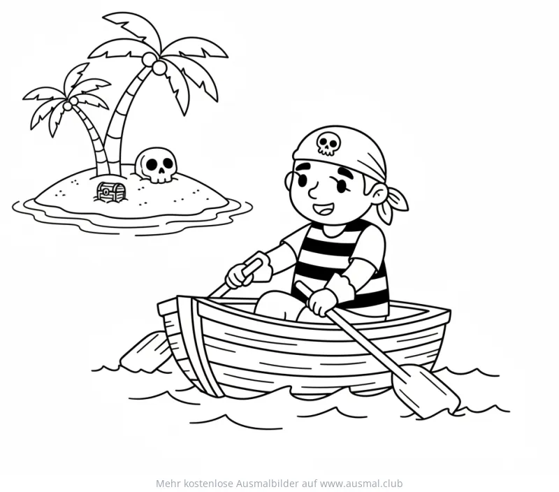 Piratenjunge im Ruderboot vor einer Insel mit Schatzkiste und Totenkopf Ausmalbild