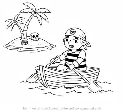 Piratenjunge im Ruderboot vor einer Insel mit Schatzkiste und Totenkopf Ausmalbild