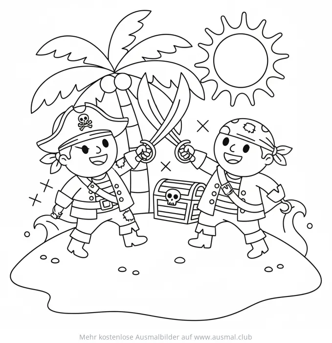 Zwei Piraten im Schwertkampf auf einer Insel Ausmalbild