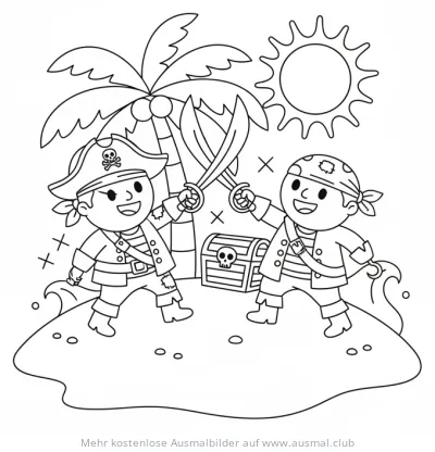 Zwei Piraten im Schwertkampf auf einer Insel Ausmalbild