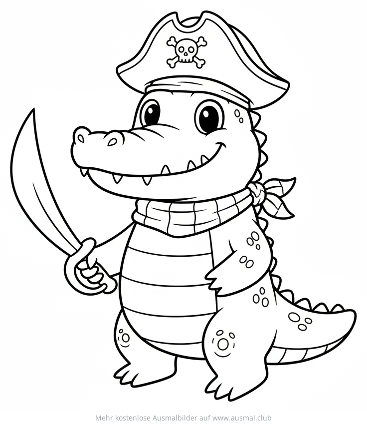 Alligator als Pirat mit Hut und Entermesser Ausmalbild