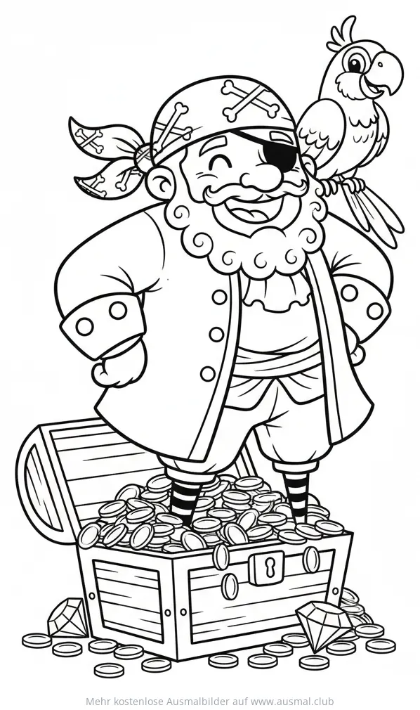 Piratenkapitän mit Papagei und Schatztruhe Ausmalbild