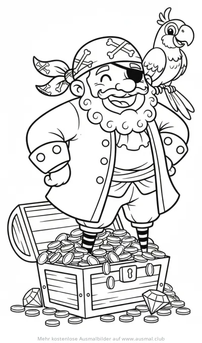 Piratenkapitän mit Papagei und Schatztruhe Ausmalbild