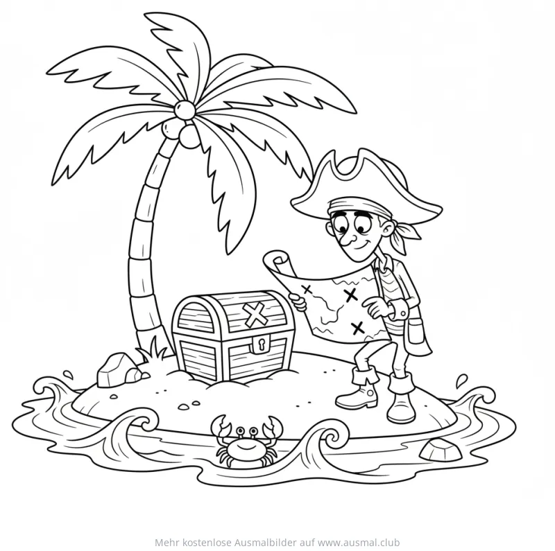 Pirat mit Schatzkarte auf Insel Ausmalbild