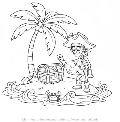 Pirat mit Schatzkarte auf Insel Ausmalbild