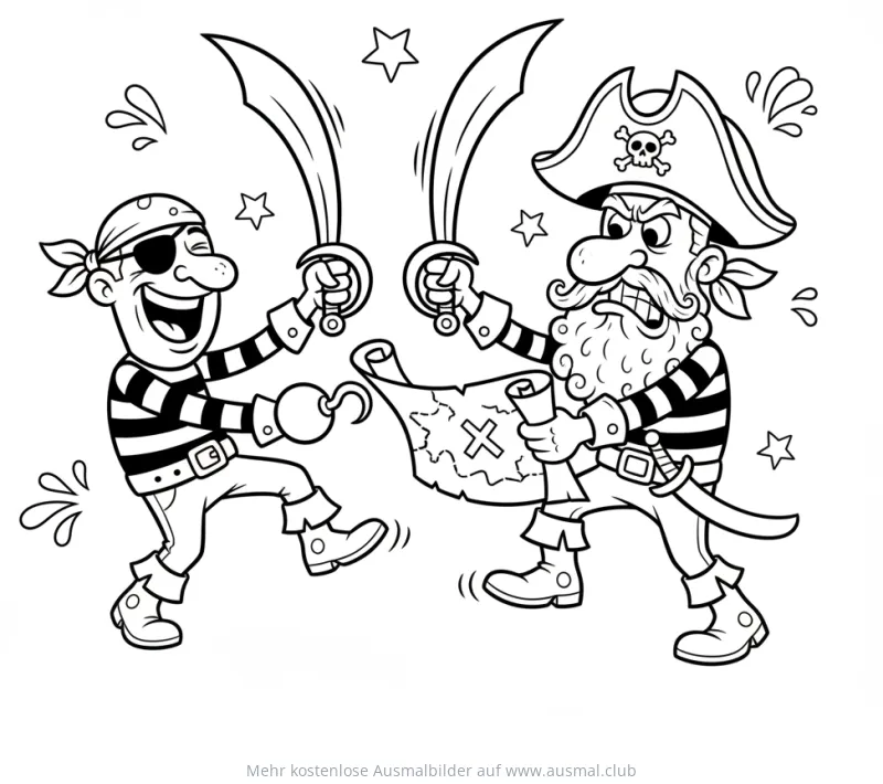 Zwei Piraten im Kampf mit Schatzkarte Ausmalbild