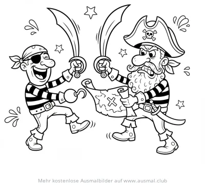 Zwei Piraten im Kampf mit Schatzkarte Ausmalbild