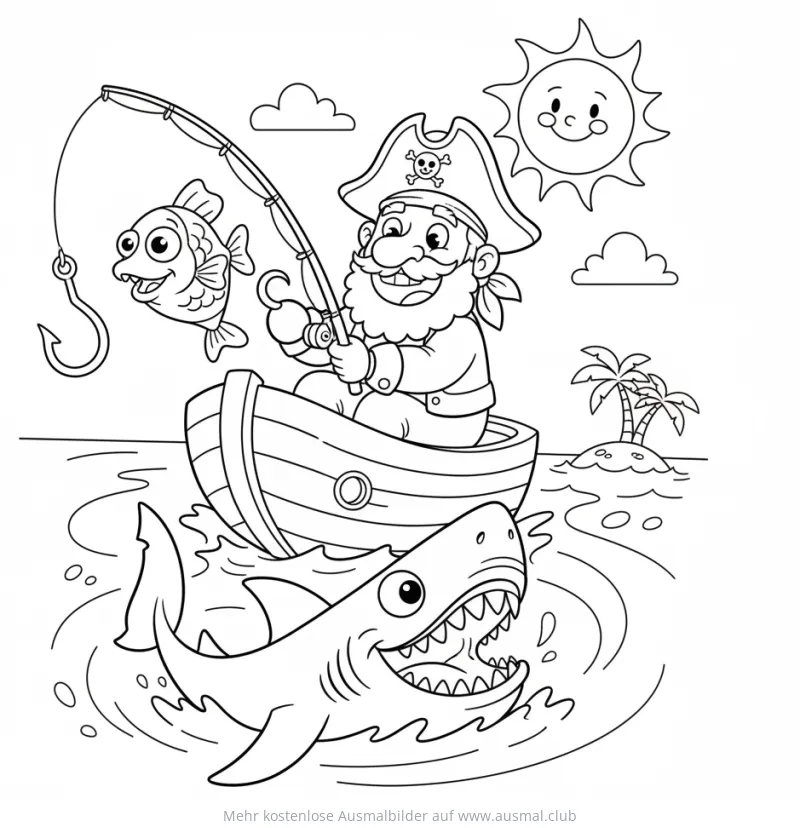 Pirat angelt mit Hai Ausmalbild
