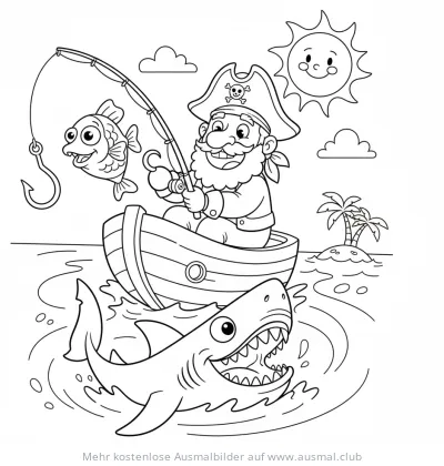 Pirat angelt mit Hai Ausmalbild