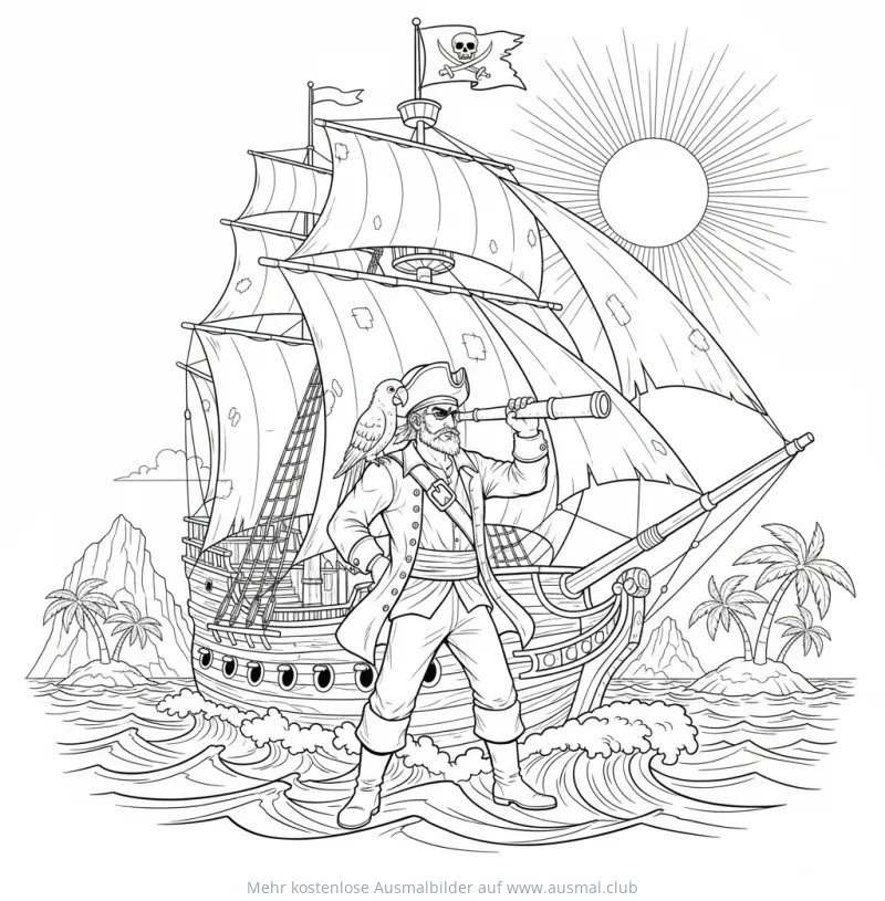 Piraten Kapitän mit Segelschiff Ausmalbild