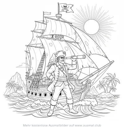 Piraten Kapitän mit Segelschiff Ausmalbild