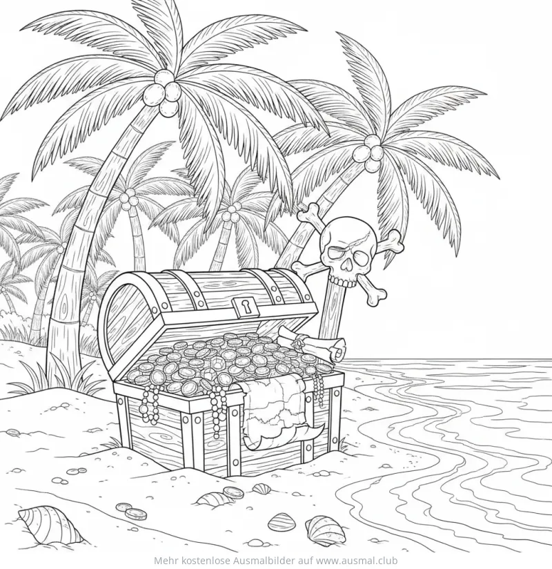 Schatzkiste am Strand mit Totenkopf Ausmalbild