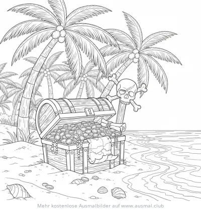 Schatzkiste am Strand mit Totenkopf Ausmalbild