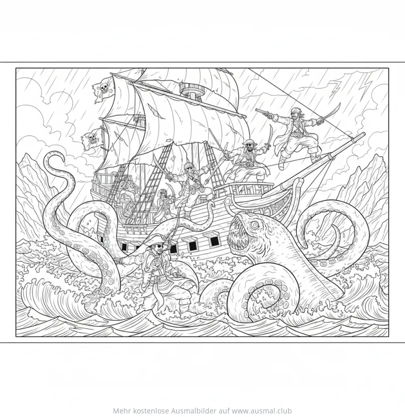 Piratenschiff im Kampf mit einem Seemonster Ausmalbild