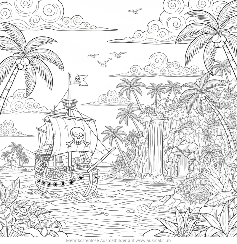 Piratenschiff vor tropischer Insel mit Wasserfall Ausmalbild