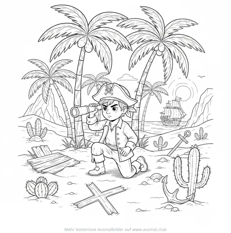 Piratenjunge mit Fernrohr auf Schatzsuche Ausmalbild