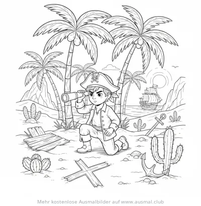 Piratenjunge mit Fernrohr auf Schatzsuche Ausmalbild