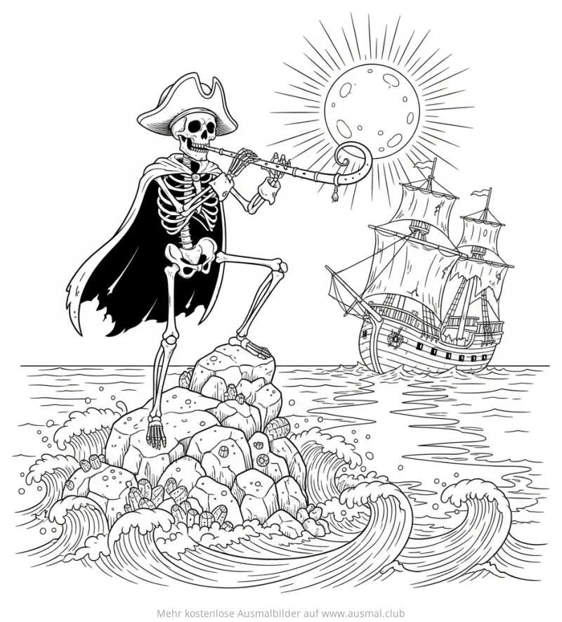 Skelett Pirat mit Trompete auf Felsen vor Piratenschiff Ausmalbild