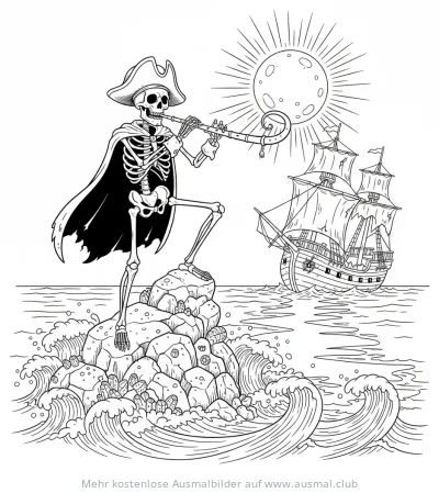 Skelett Pirat mit Trompete auf Felsen vor Piratenschiff Ausmalbild