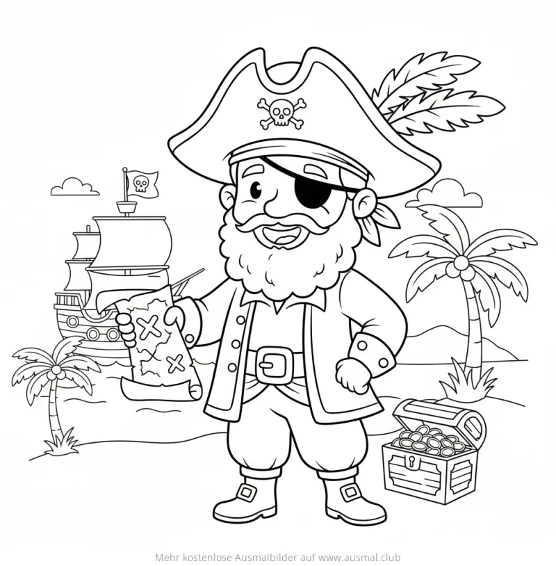 Piraten Kapitän mit Schatzkarte, Piratenschiff und Schatzkiste Ausmalbild
