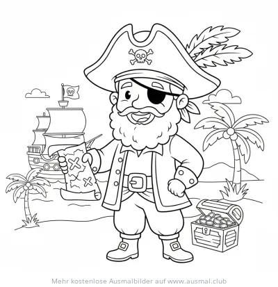 Piraten Kapitän mit Schatzkarte, Piratenschiff und Schatzkiste Ausmalbild