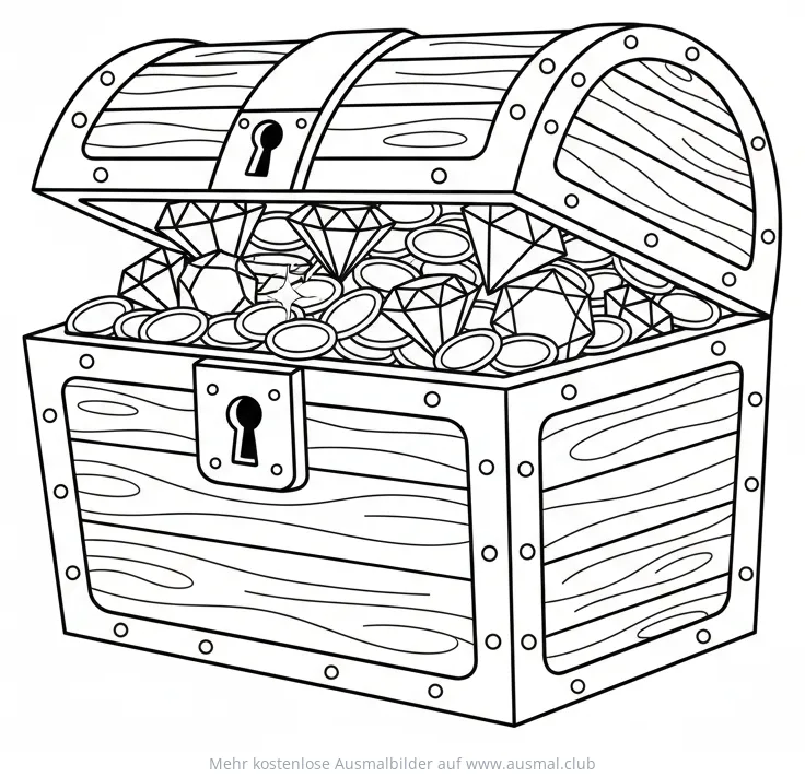 Schatzkiste voller Goldmünzen und Diamanten Ausmalbild