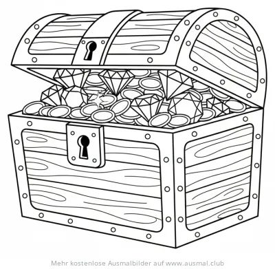 Schatzkiste voller Goldmünzen und Diamanten Ausmalbild