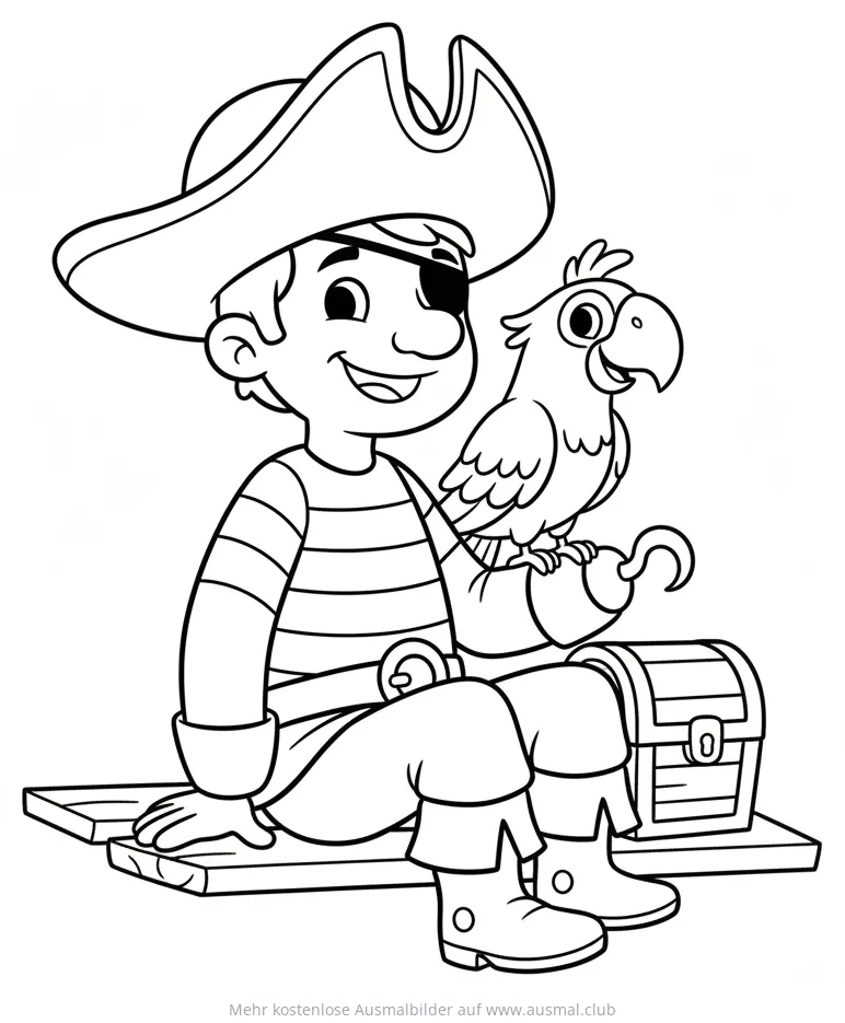 Pirat mit Papagei auf Schatzkiste Ausmalbild