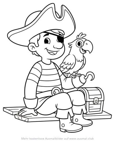 Pirat mit Papagei auf Schatzkiste Ausmalbild