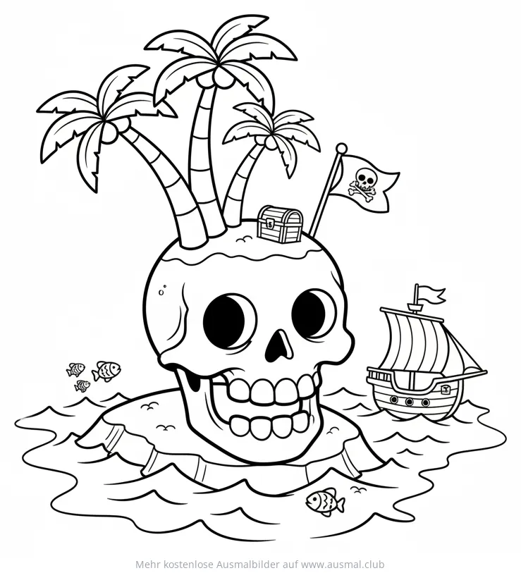 Schädelinsel mit Palmen, Schatztruhe und Piratenflagge Ausmalbild