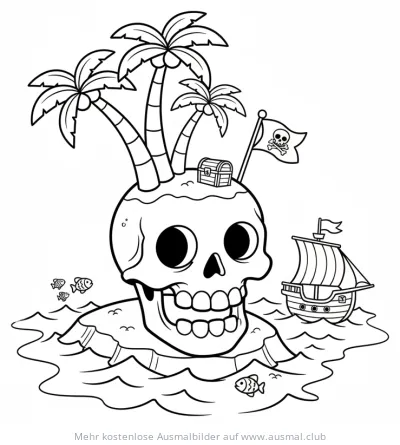 Schädelinsel mit Palmen, Schatztruhe und Piratenflagge Ausmalbild