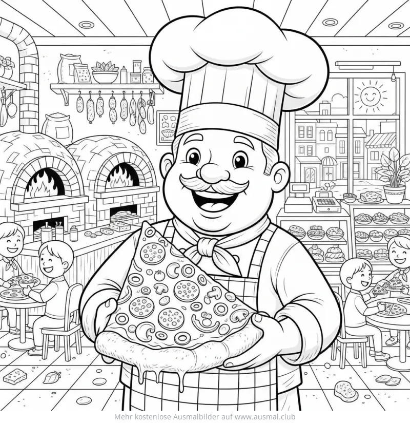 Pizza Koch mit Pizza Ausmalbild