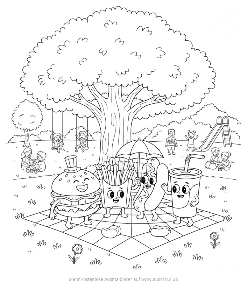 Fast Food Picknick Ausmalbild mit Burger, Pommes, Hotdog und Getränk