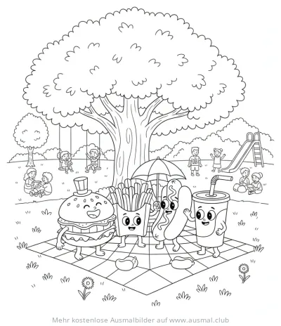 Fast Food Picknick Ausmalbild mit Burger, Pommes, Hotdog und Getränk