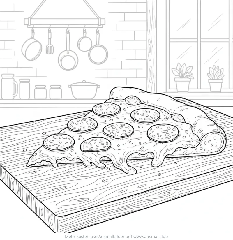 Pizza Stück Ausmalbild auf Holzbrett