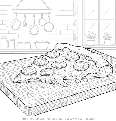 Pizza Stück Ausmalbild auf Holzbrett