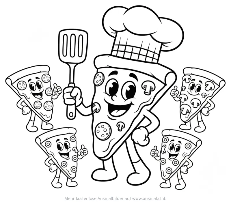 Pizza Koch mit Pizzastücken Ausmalbild