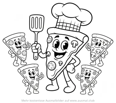 Pizza Koch mit Pizzastücken Ausmalbild